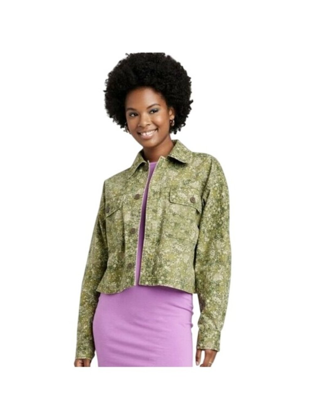 Wild Fable Cropped Floral Jacket Small New Women's Green Cotton Spring Layering - Picture 12 of 13